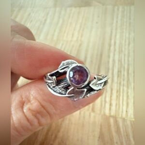 Nature inspired 925 Sterling silver amethyst purple stone leaf ring size 8